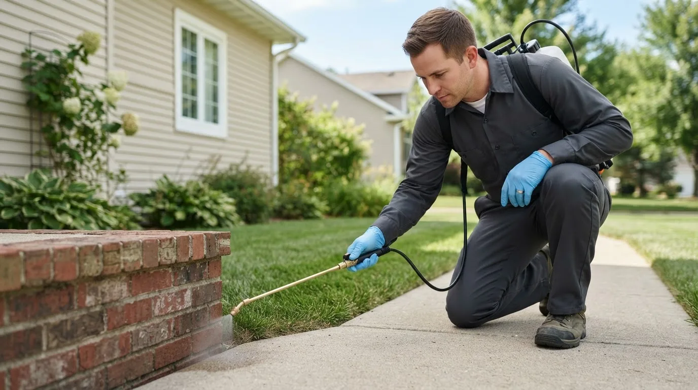 Pest control technician treating a home near University Park, PA